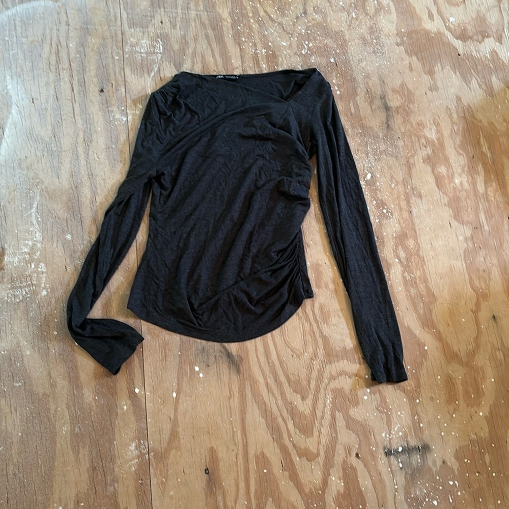 Charcoal grey long sleeve shirt, with slanted neckline